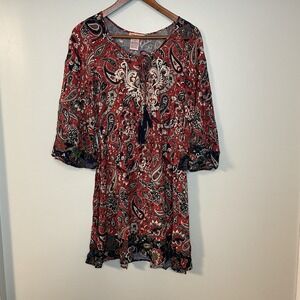 Flying Tomato Women's Dress Size Large Red Floral Long Bell Sleeve Mini Dress